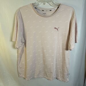 PUMA Women's Large Pink Tee Shirt Puma All Over Logo Crew Neck Casual Athletic